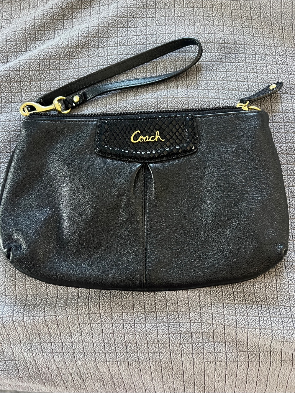Coach Black Leather Wrist Strap Clutch with Gold Hardware